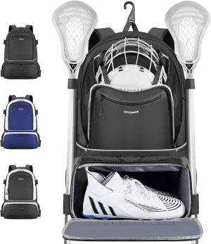 Extra Large Lacrosse Backpack with 2 Stick Holders, Professional Bag with Ventilated Cleats Compartment and Insulated Pocket, for All Field Hockey Gear