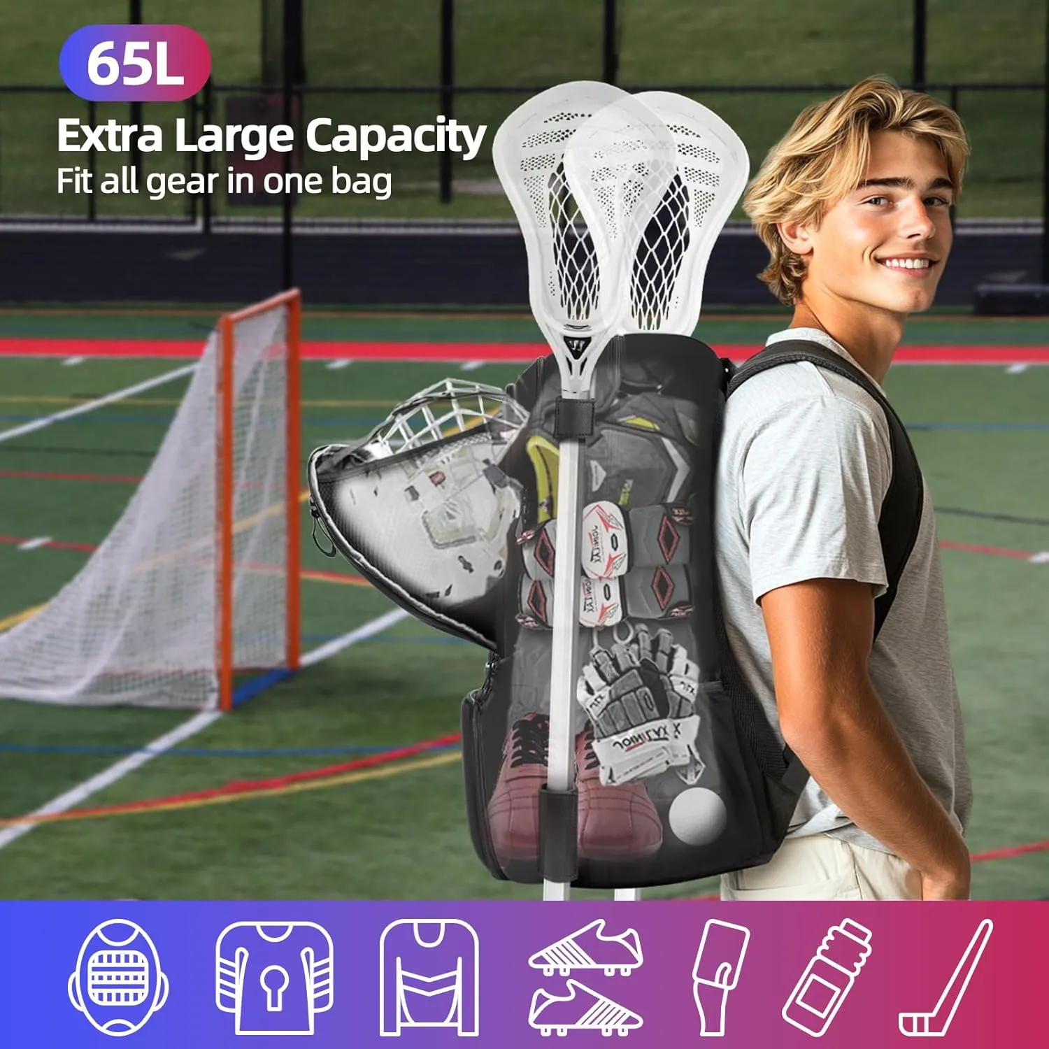 Extra Large Lacrosse Backpack with 2 Stick Holders, Professional Bag with Ventilated Cleats Compartment and Insulated Pocket, for All Field Hockey Gear