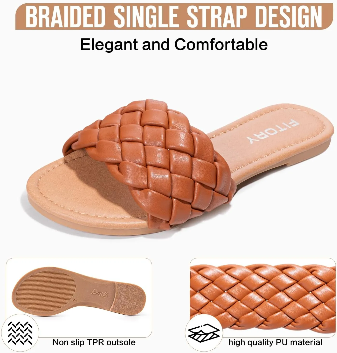 FITORY Womens Flat Sandals Fashion Round Open Toe Slip On Slides with Braided Strap Slippers for Summer Size 6-11