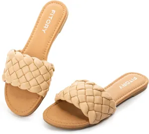 FITORY Womens Flat Sandals Fashion Round Open Toe Slip On Slides with Braided Strap Slippers for Summer Size 6-11