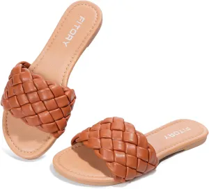 FITORY Womens Flat Sandals Fashion Round Open Toe Slip On Slides with Braided Strap Slippers for Summer Size 6-11