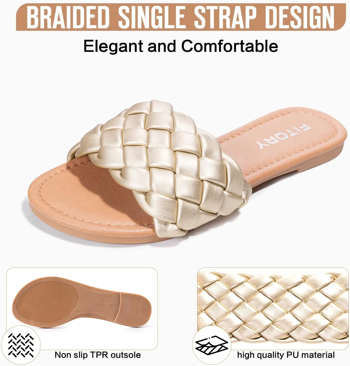 FITORY Womens Flat Sandals Fashion Round Open Toe Slip On Slides with Braided Strap Slippers for Summer Size 6-11