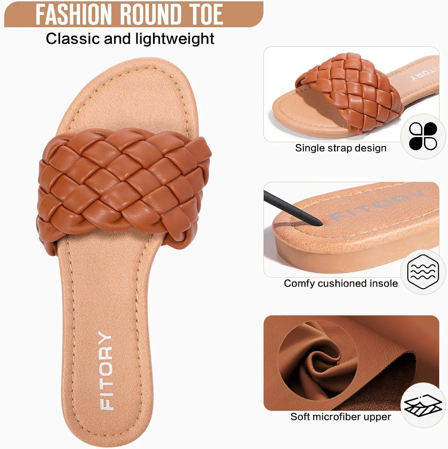 FITORY Womens Flat Sandals Fashion Round Open Toe Slip On Slides with Braided Strap Slippers for Summer Size 6-11