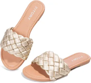 FITORY Womens Flat Sandals Fashion Round Open Toe Slip On Slides with Braided Strap Slippers for Summer Size 6-11