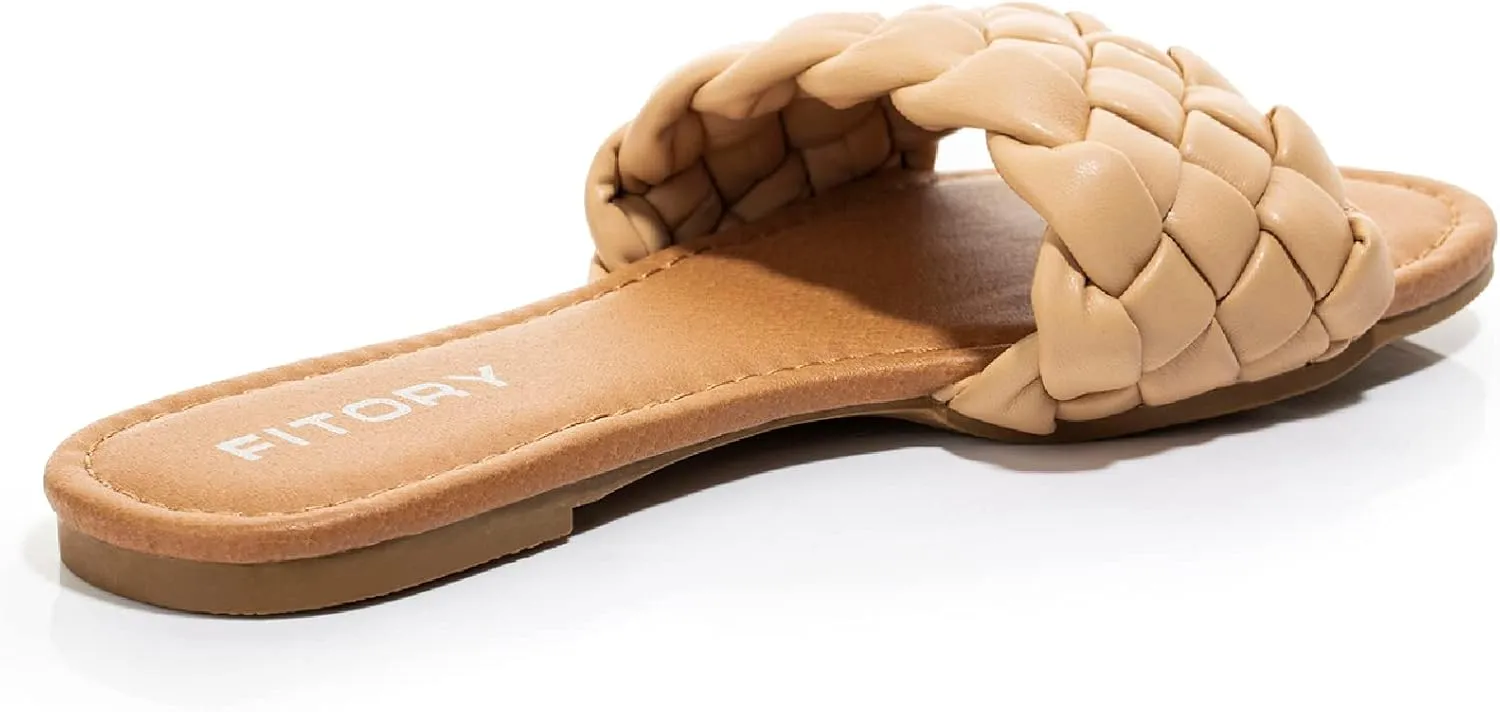 FITORY Womens Flat Sandals Fashion Round Open Toe Slip On Slides with Braided Strap Slippers for Summer Size 6-11
