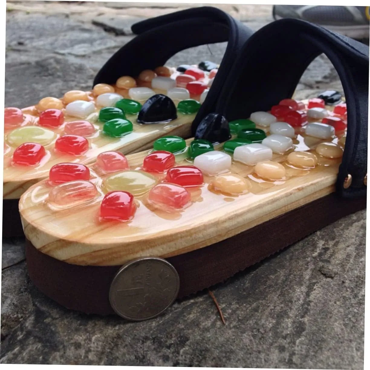 Foot Relax Sandals Natural Jade Massage Slippers Size 37-38 Black Cobblestone Shoes