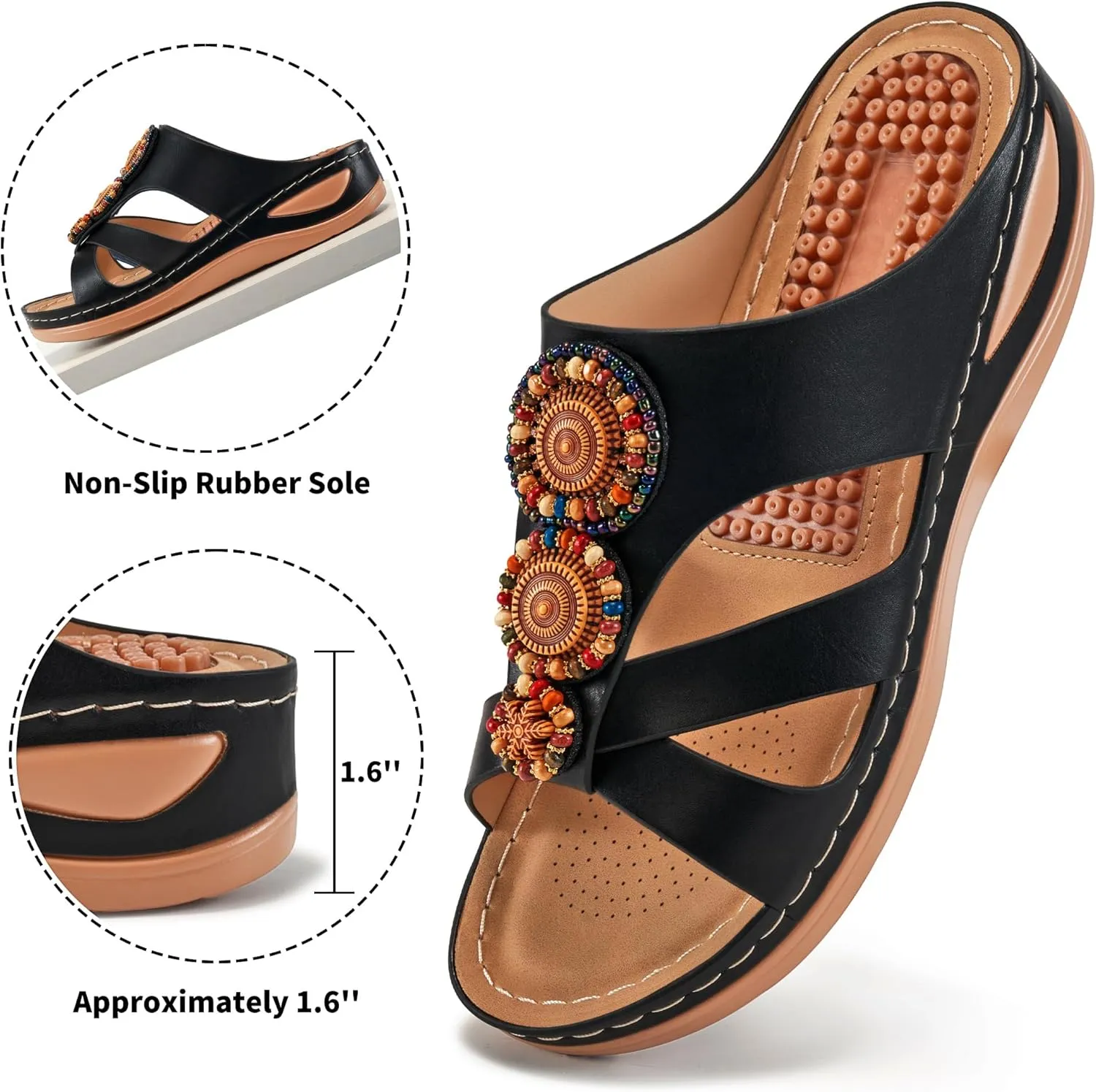 FUDYNMALC Womens Slides Orthopedic Sandals: Summer Dressy Wedge Shoes Handmade Bead Casual Walking Footwear with Comfortable Plantar Fasciitis Support