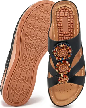 FUDYNMALC Womens Slides Orthopedic Sandals: Summer Dressy Wedge Shoes Handmade Bead Casual Walking Footwear with Comfortable Plantar Fasciitis Support