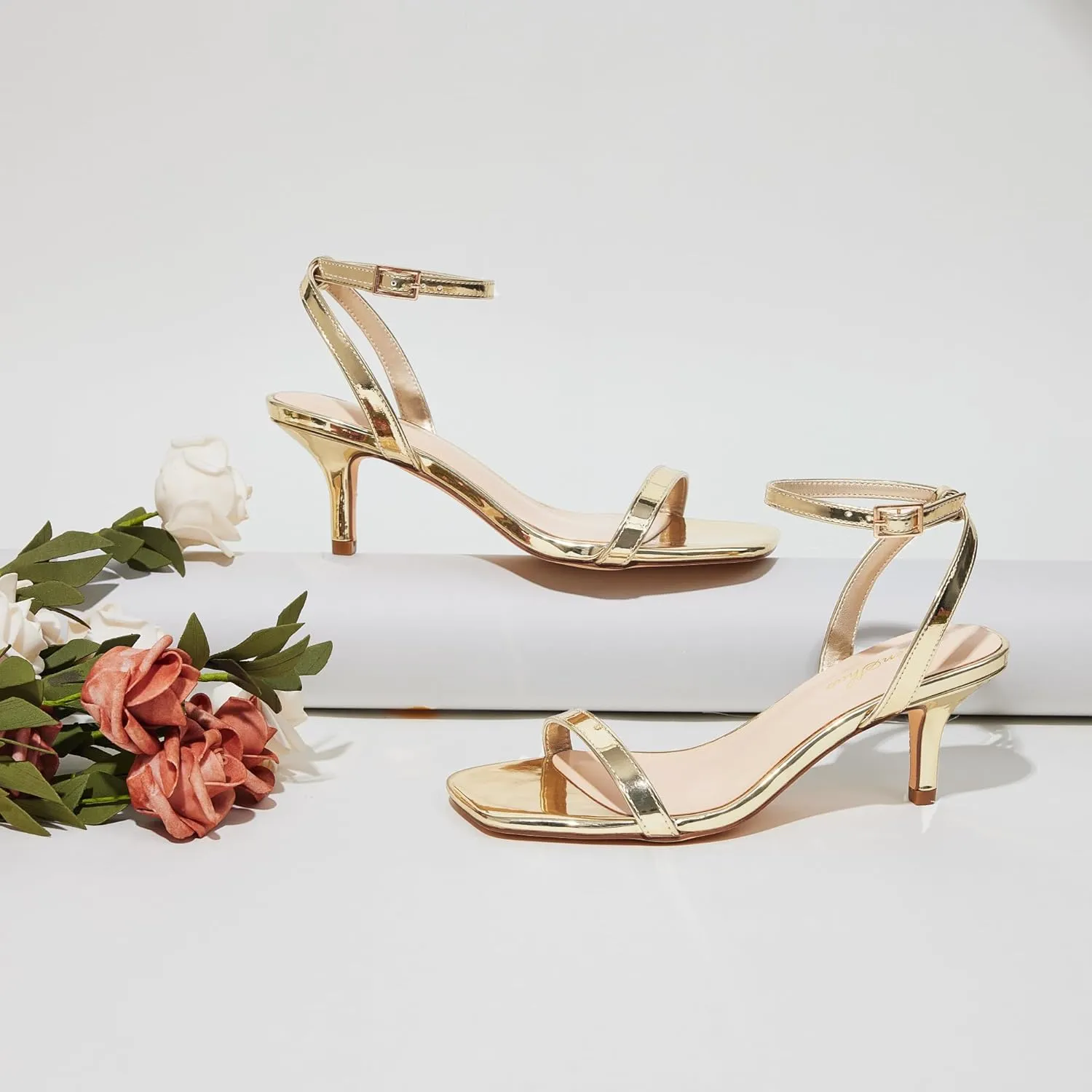 GENSHUO Women Stiletto Heeled Sandals Square Open Toe Ankle Strap Heels Sexy Strappy Dress High Heel Shoes