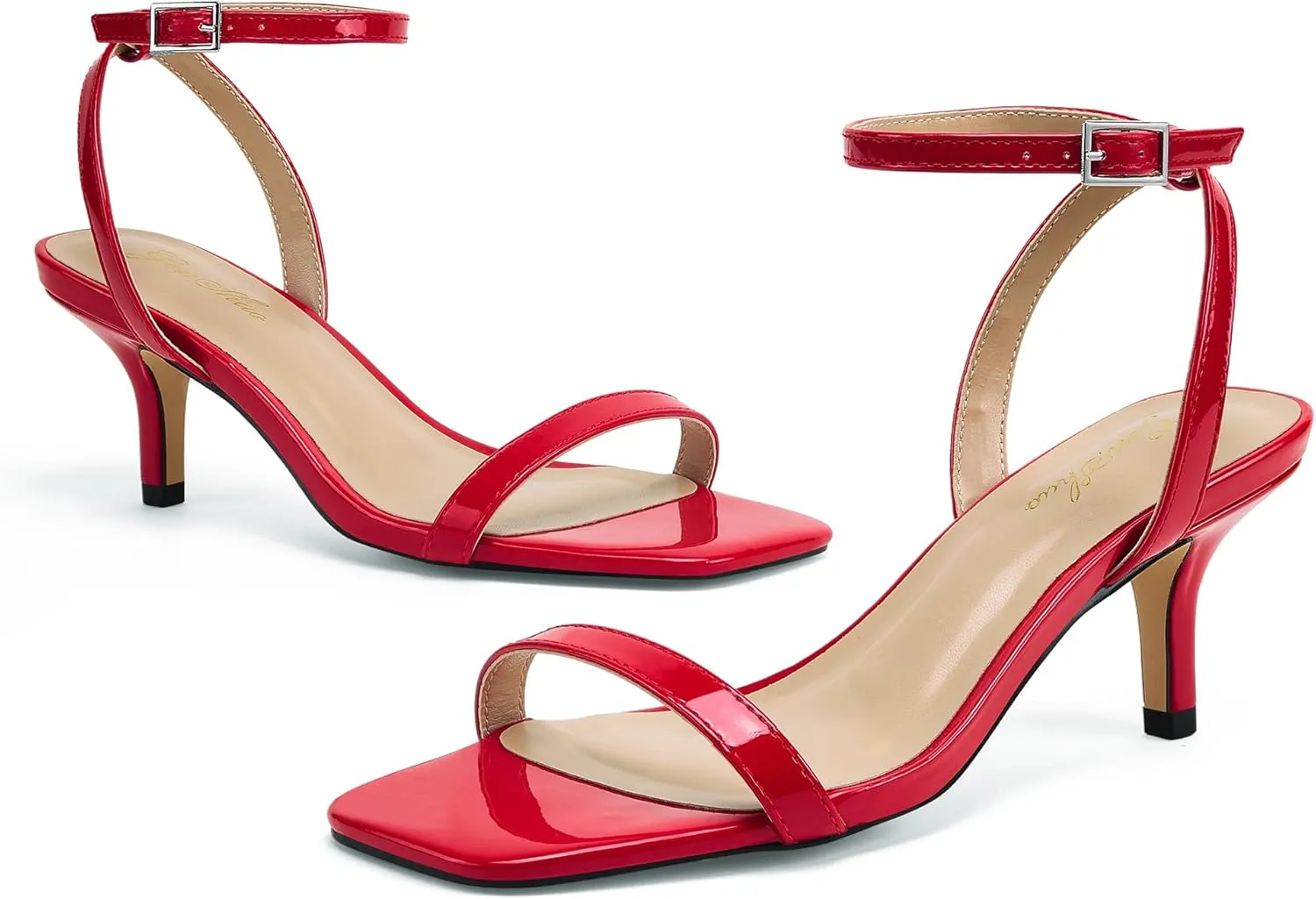 GENSHUO Women Stiletto Heeled Sandals Square Open Toe Ankle Strap Heels Sexy Strappy Dress High Heel Shoes