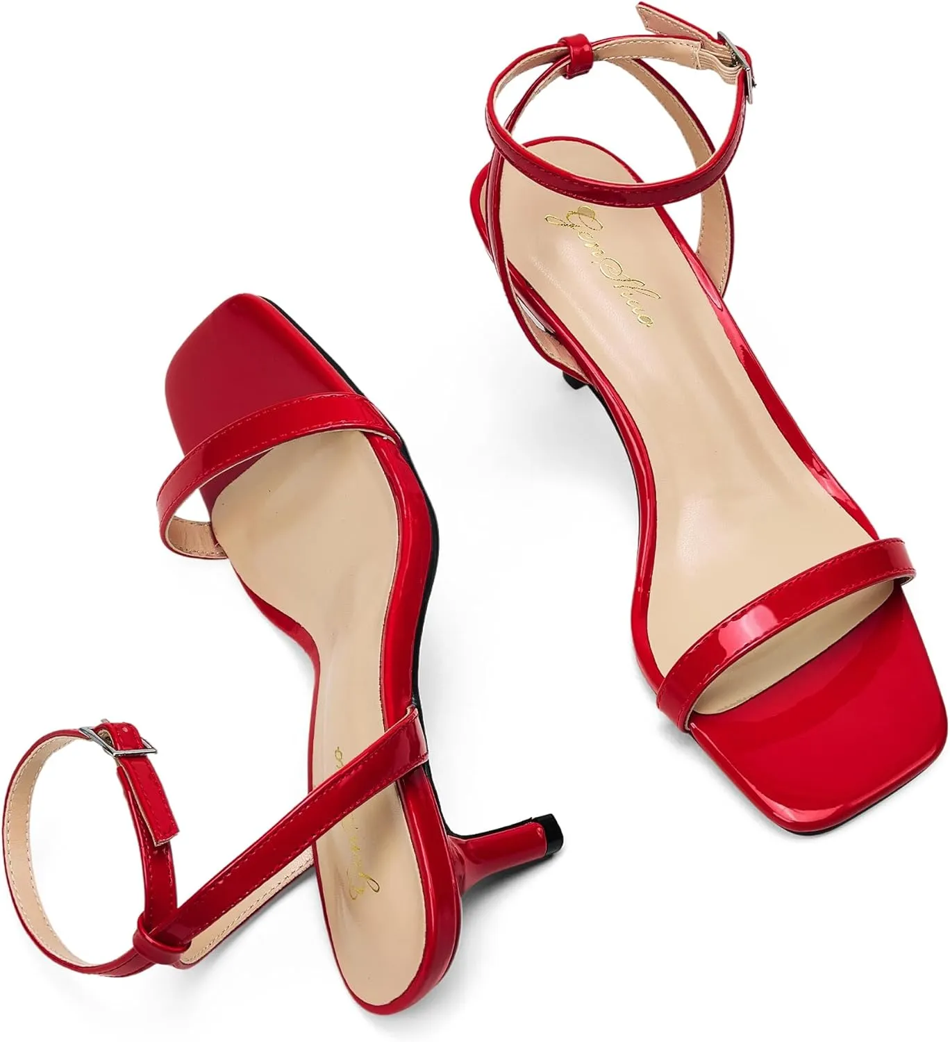 GENSHUO Women Stiletto Heeled Sandals Square Open Toe Ankle Strap Heels Sexy Strappy Dress High Heel Shoes