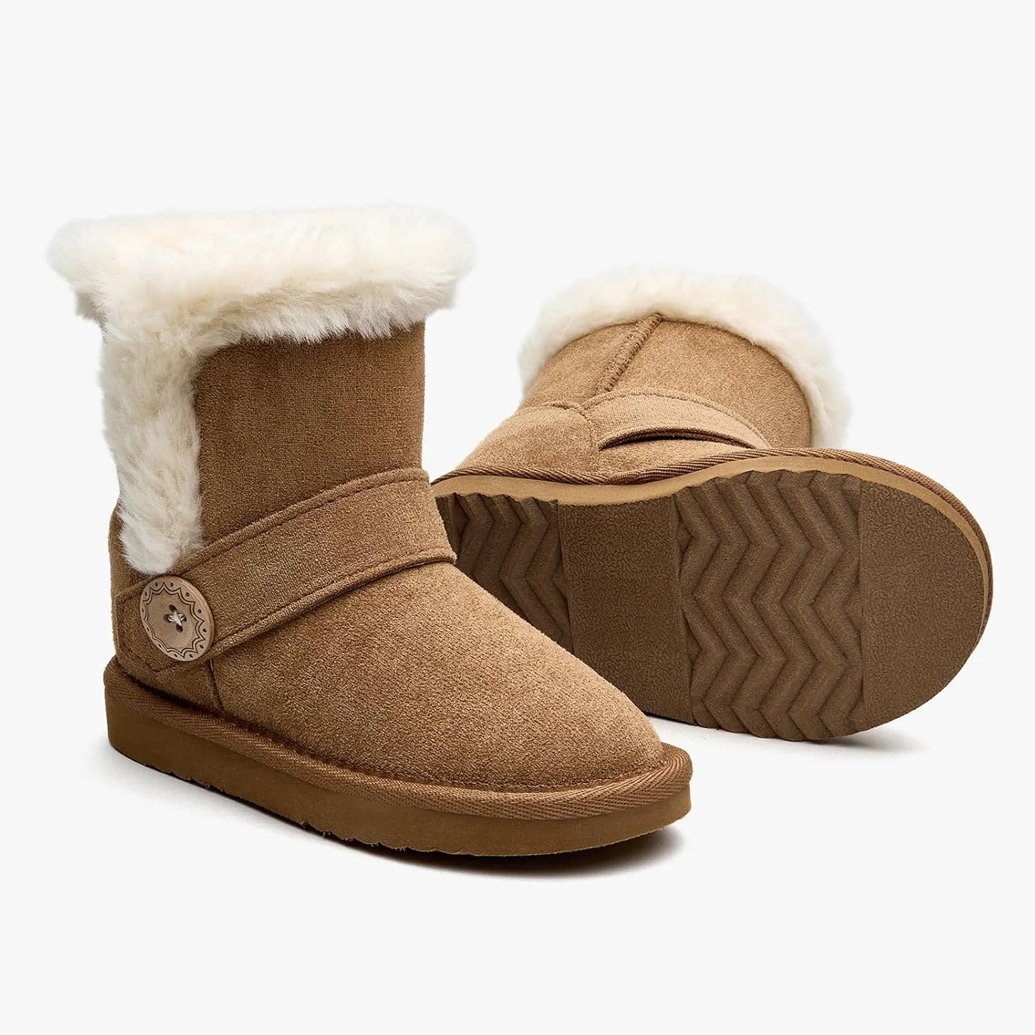 Girls Winter Cold Weather Wood Button Warm Shearling Lightweight Comfort Boots