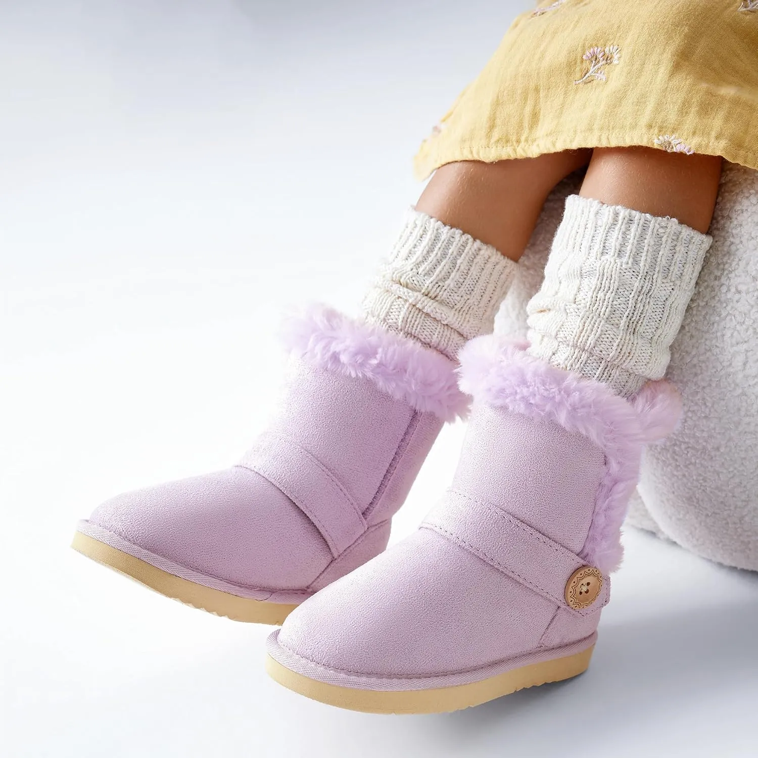 Girls Winter Cold Weather Wood Button Warm Shearling Lightweight Comfort Boots