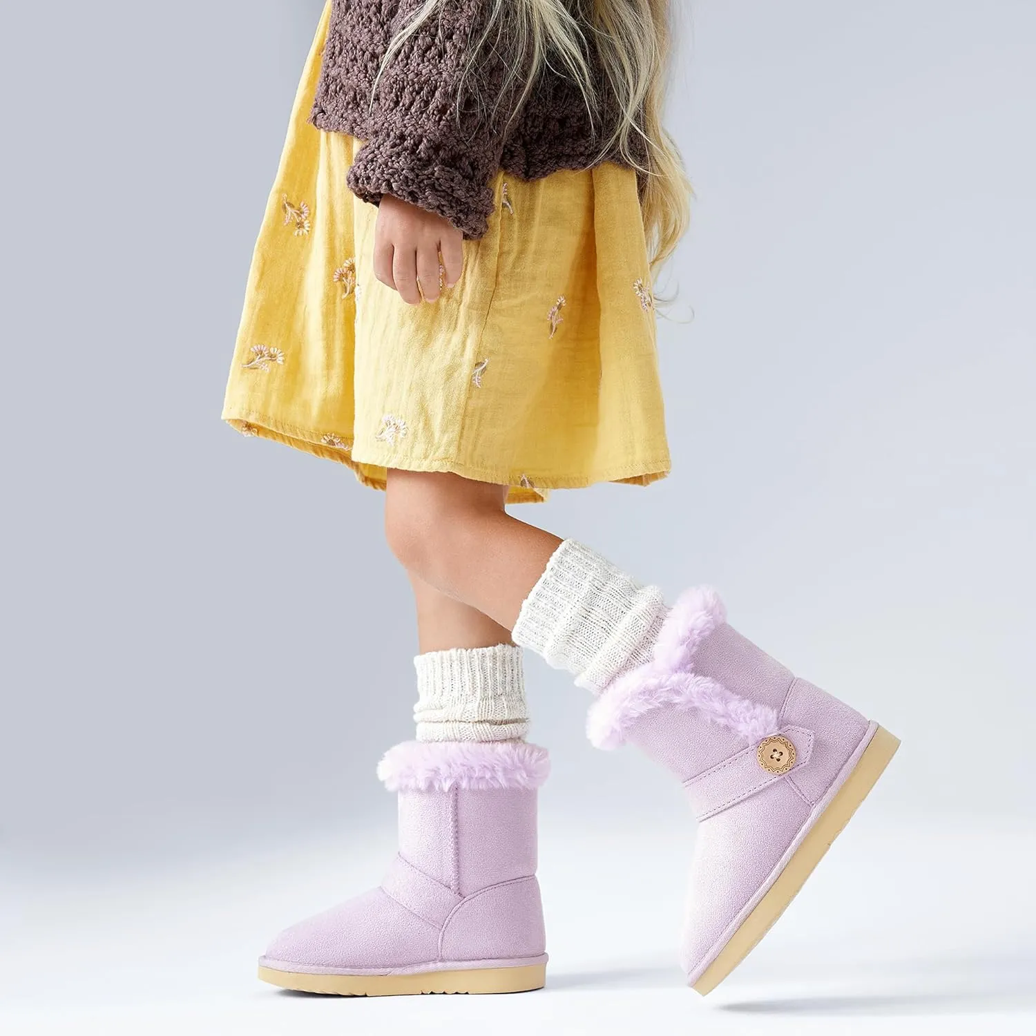 Girls Winter Cold Weather Wood Button Warm Shearling Lightweight Comfort Boots