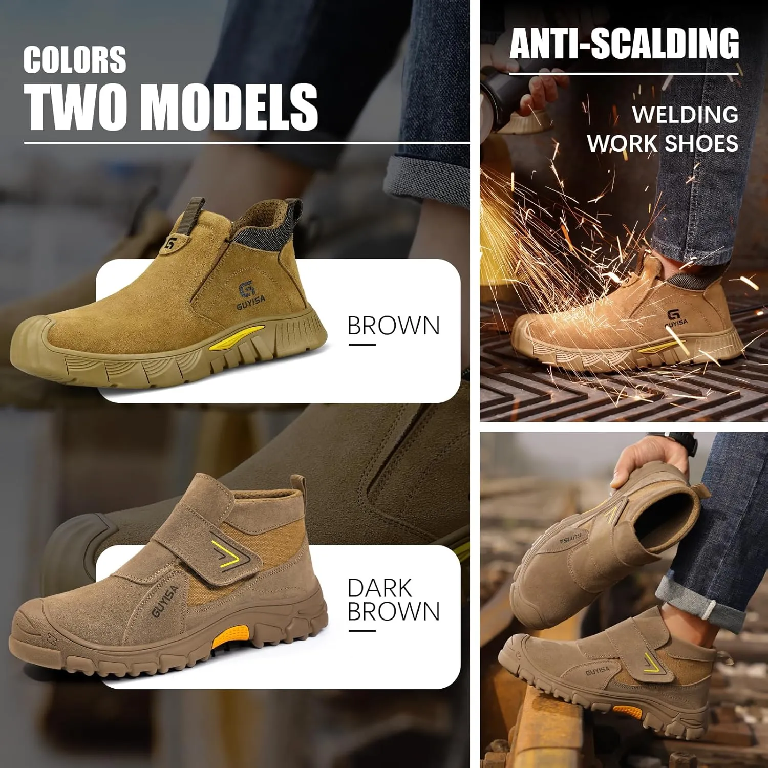 GLANOUDUN Welding Boots for Men Slip on Work Boots for Men Steel Toe Boot Comfortable Welder Boot Construction Safety Footwear Indestructible Men's Steel Toe Shoes