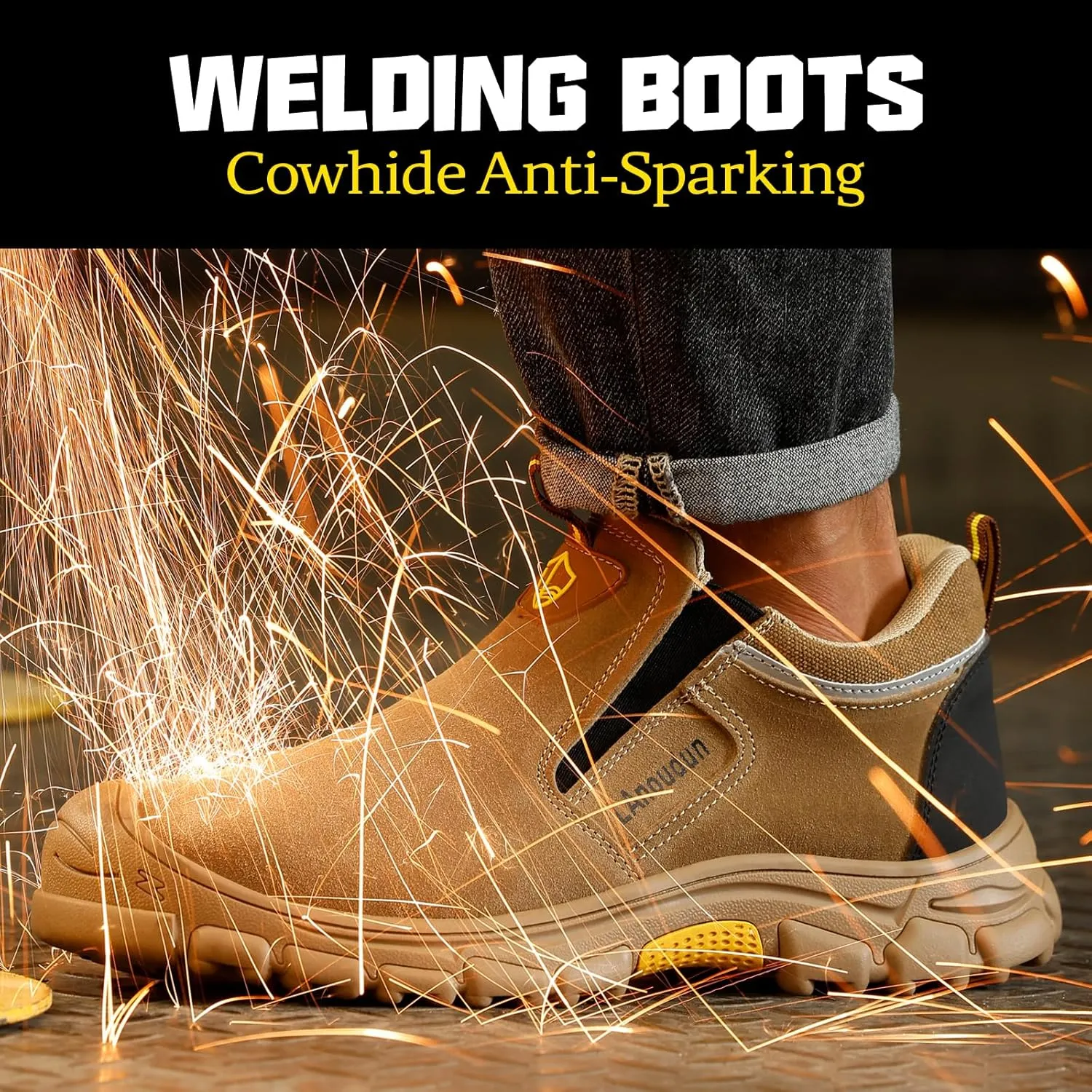 GLANOUDUN Welding Boots for Men Slip on Work Boots for Men Steel Toe Boot Comfortable Welder Boot Construction Safety Footwear Indestructible Men's Steel Toe Shoes