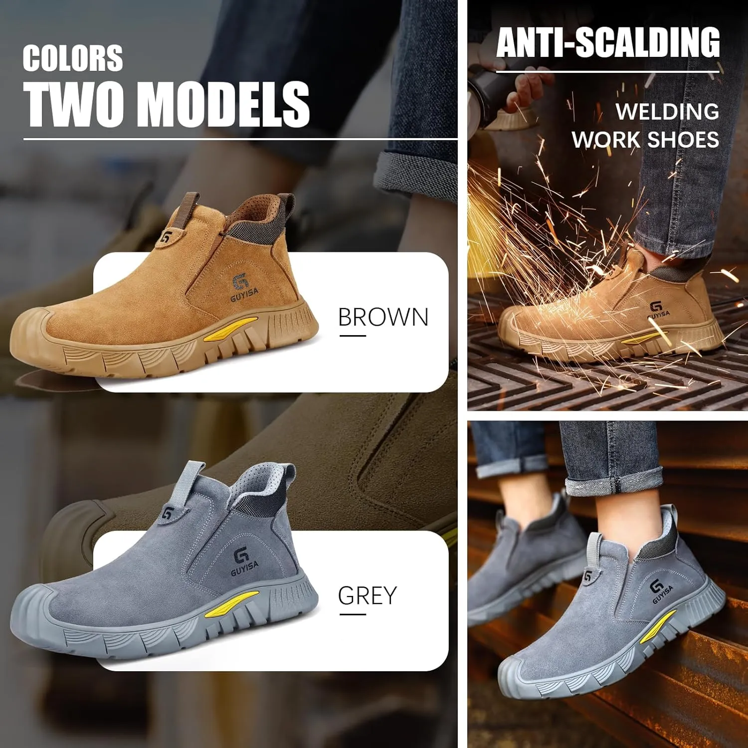 GLANOUDUN Welding Work Boots for Men Slip on Steel Toe Shoes for Men Indestructible Steel Toe Boots Welder Men's Working Shoes Fireproof Safety Footwear for Construction Men's Work & Safety Footwear