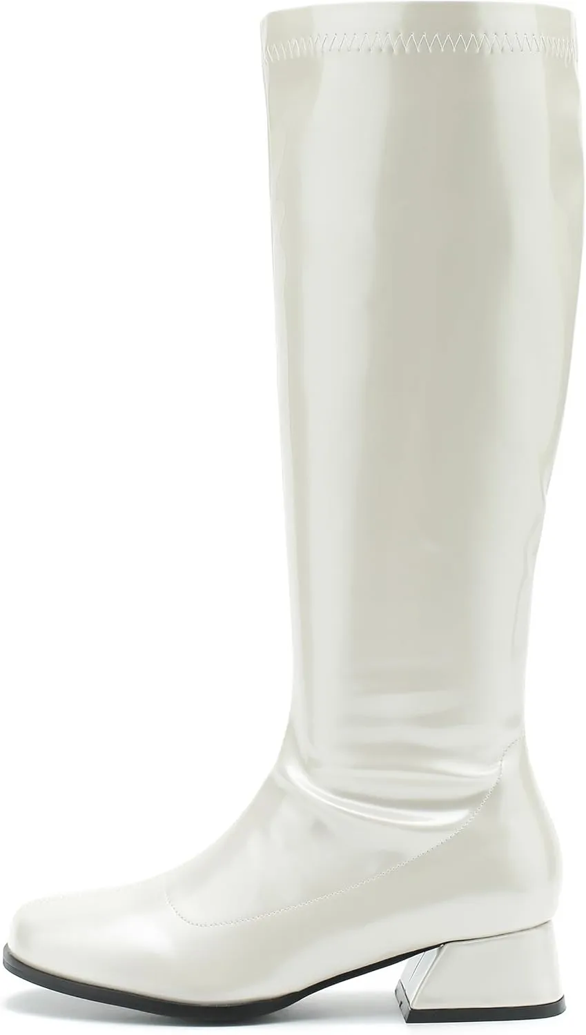 GOGO Boots for Women, Knee High Boots, Low Block Heel Zipper Boots Ladies Party Dance Shoes