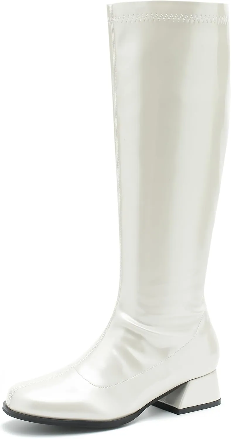 GOGO Boots for Women, Knee High Boots, Low Block Heel Zipper Boots Ladies Party Dance Shoes