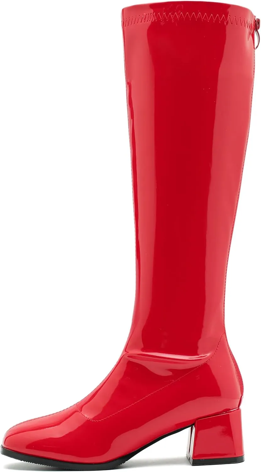 GOGO Boots for Women, Knee High Boots, Mid Block Heel Zipper Boots Ladies Party Dance Shoes