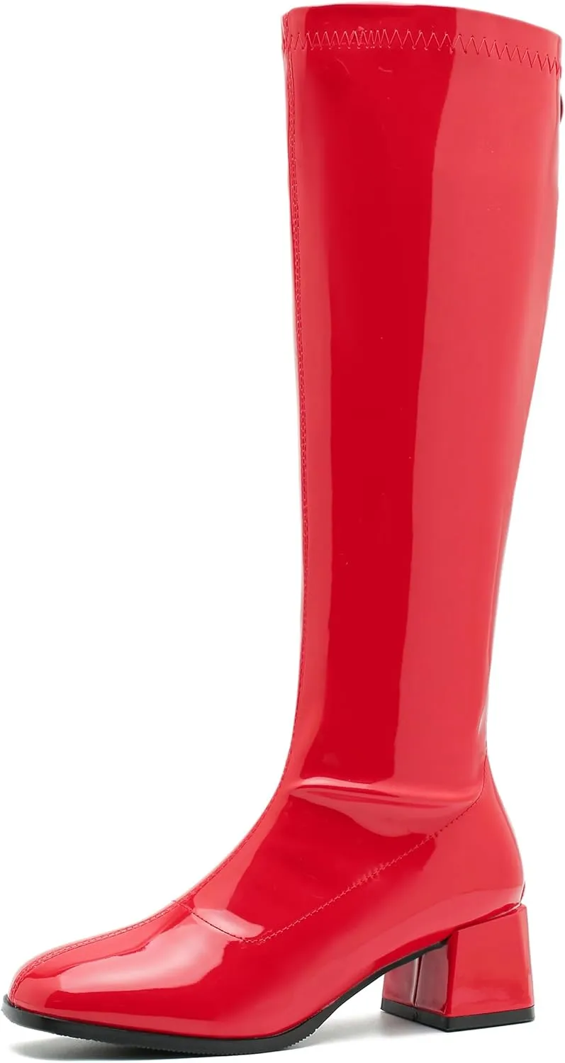 GOGO Boots for Women, Knee High Boots, Mid Block Heel Zipper Boots Ladies Party Dance Shoes