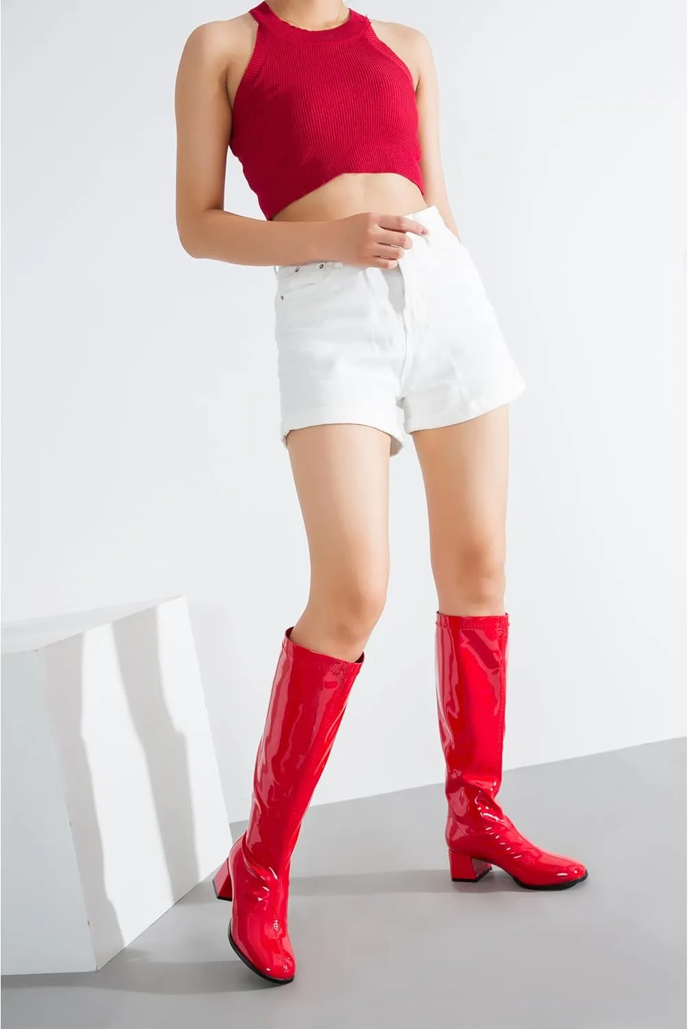 GOGO Boots for Women, Knee High Boots, Mid Block Heel Zipper Boots Ladies Party Dance Shoes
