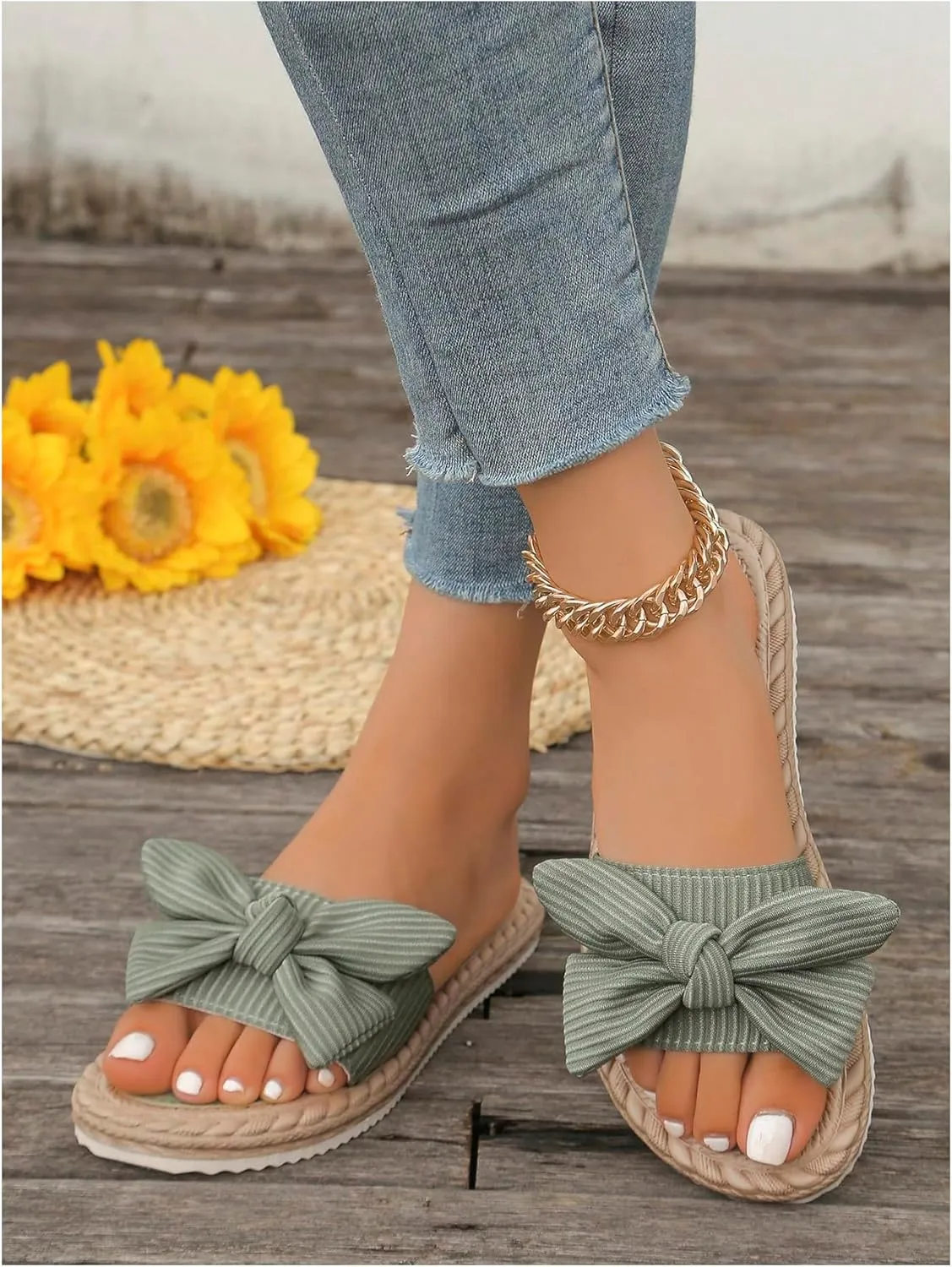 GORGLITTER Women's Bow Knot Flat Sandals Open Toe Slip On Slide Slipper Single Band Flats