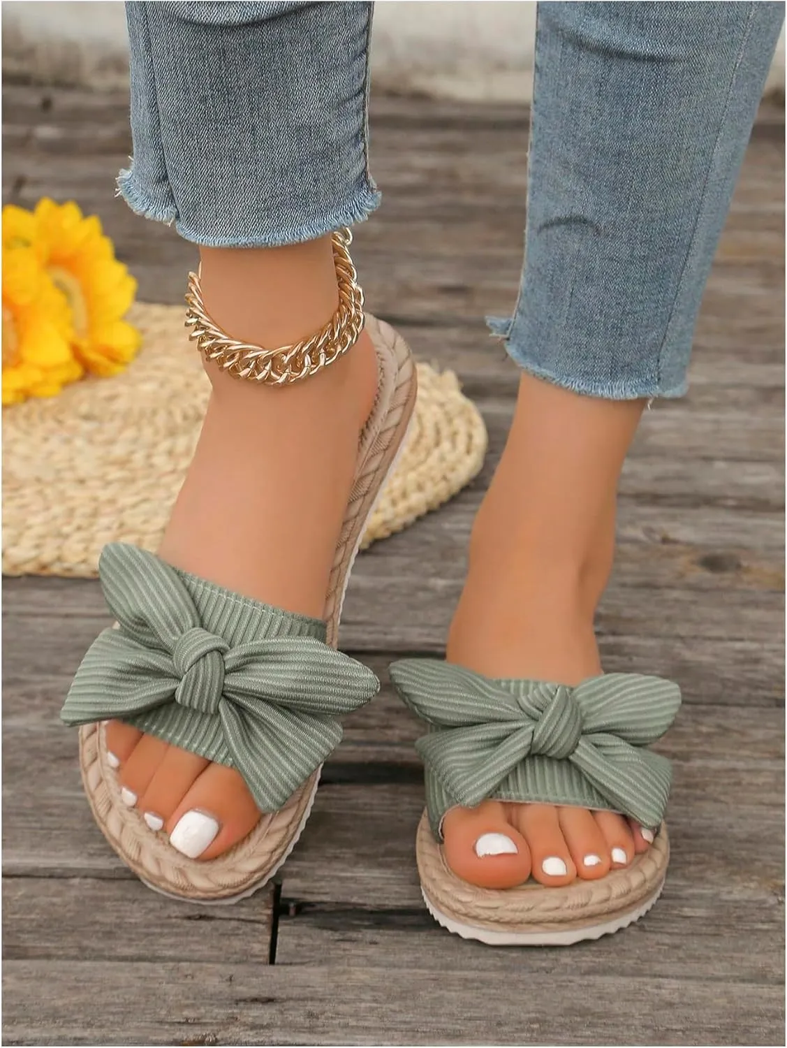 GORGLITTER Women's Bow Knot Flat Sandals Open Toe Slip On Slide Slipper Single Band Flats