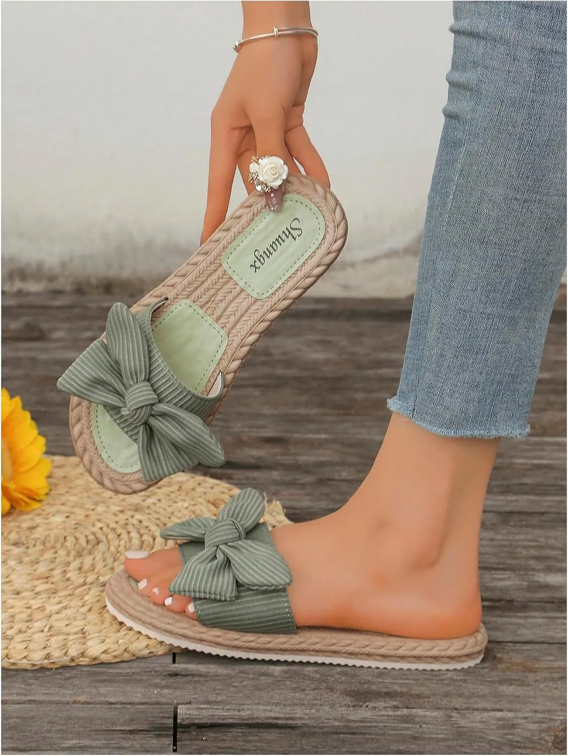 GORGLITTER Women's Bow Knot Flat Sandals Open Toe Slip On Slide Slipper Single Band Flats