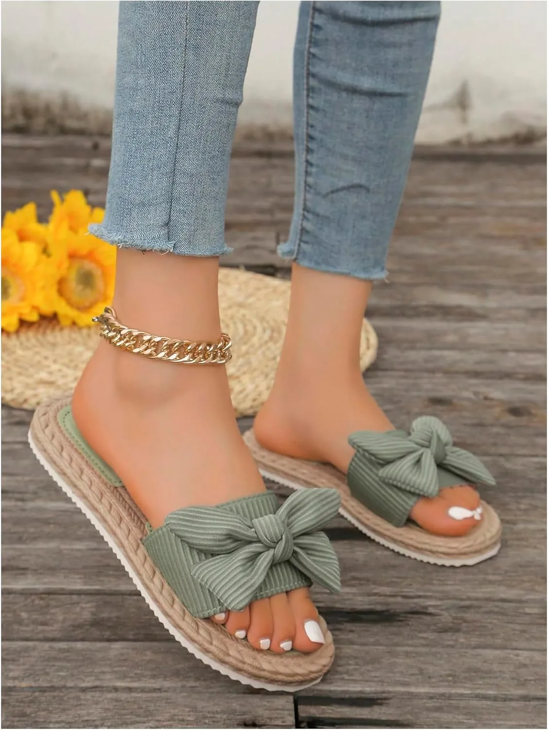 GORGLITTER Women's Bow Knot Flat Sandals Open Toe Slip On Slide Slipper Single Band Flats