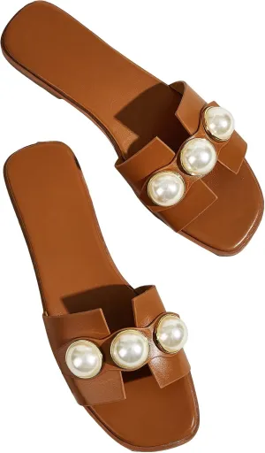 GORGLITTER Women's H Sandals Pearl Flat Sandals Square Toe Dressy Summer Cute Sandals Shoes 2025