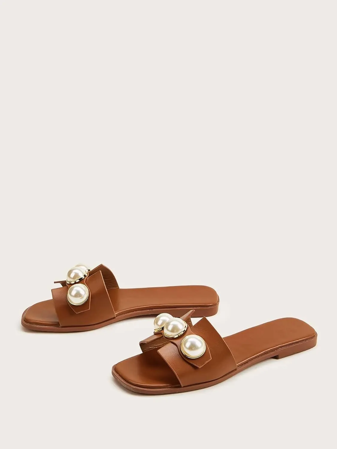 GORGLITTER Women's H Sandals Pearl Flat Sandals Square Toe Dressy Summer Cute Sandals Shoes 2025