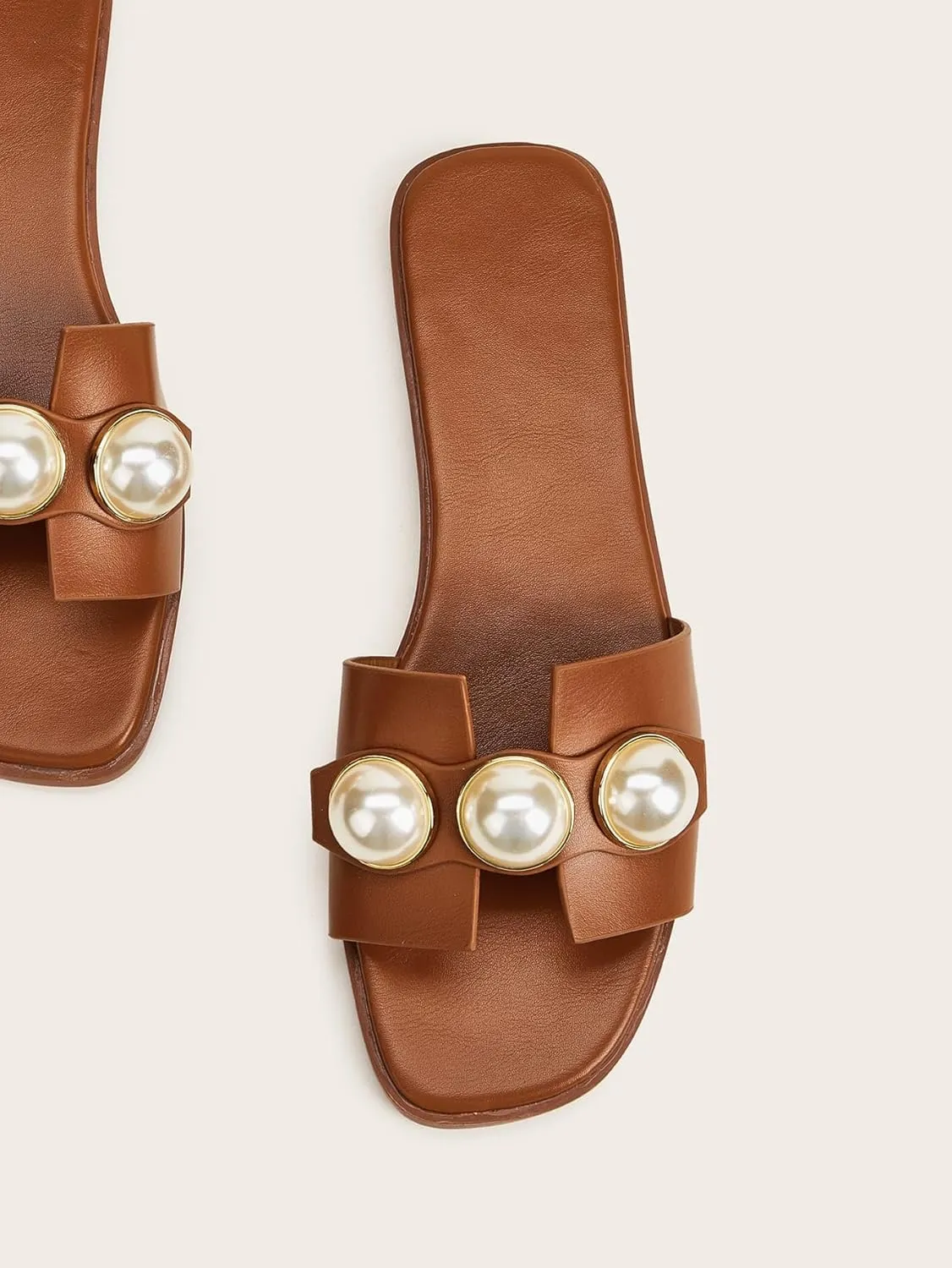 GORGLITTER Women's H Sandals Pearl Flat Sandals Square Toe Dressy Summer Cute Sandals Shoes 2025