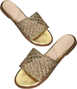 GORGLITTER Women's Metallic Mesh Sparkly Sandals Dressy Wide Width Slip on Slide Fishnet Vacation Summer Flats Sandals