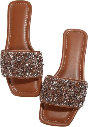 GORGLITTER Women's Sparkly Jeweled Flat Sandals Dressy Open Toe Glitter Shiny Slippers Slip-on Shoes