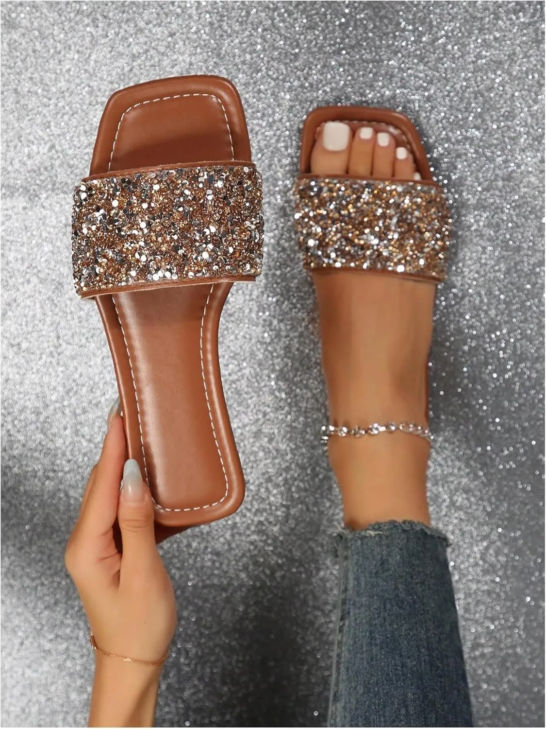 GORGLITTER Women's Sparkly Jeweled Flat Sandals Dressy Open Toe Glitter Shiny Slippers Slip-on Shoes