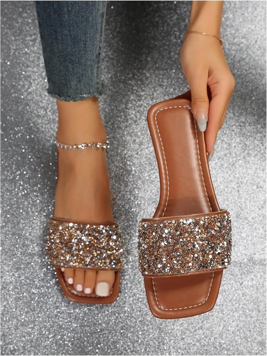 GORGLITTER Women's Sparkly Jeweled Flat Sandals Dressy Open Toe Glitter Shiny Slippers Slip-on Shoes