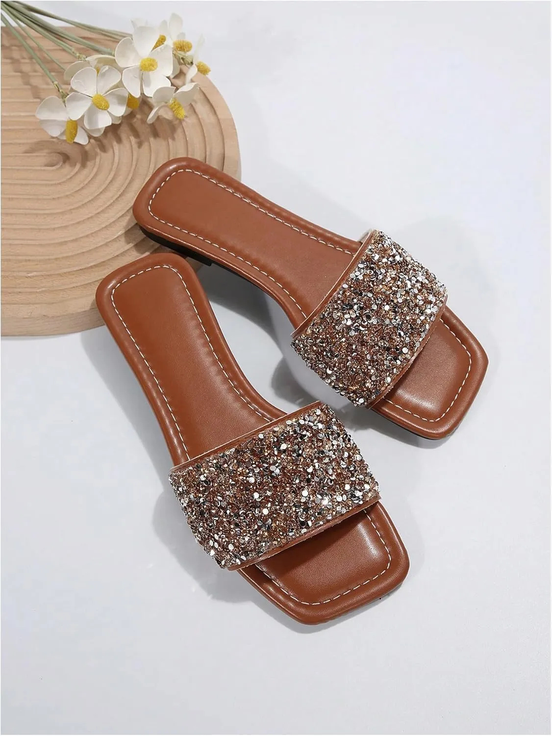 GORGLITTER Women's Sparkly Jeweled Flat Sandals Dressy Open Toe Glitter Shiny Slippers Slip-on Shoes