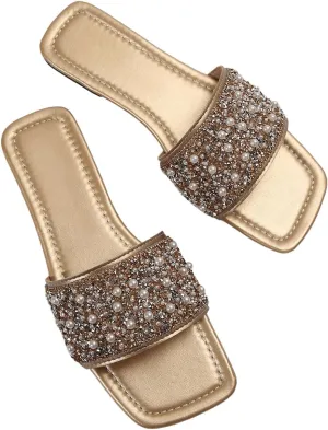 GORGLITTER Women's Sparkly Pearl Flat Sandals Rhinestone Open Toe Vacation Slide Sandals