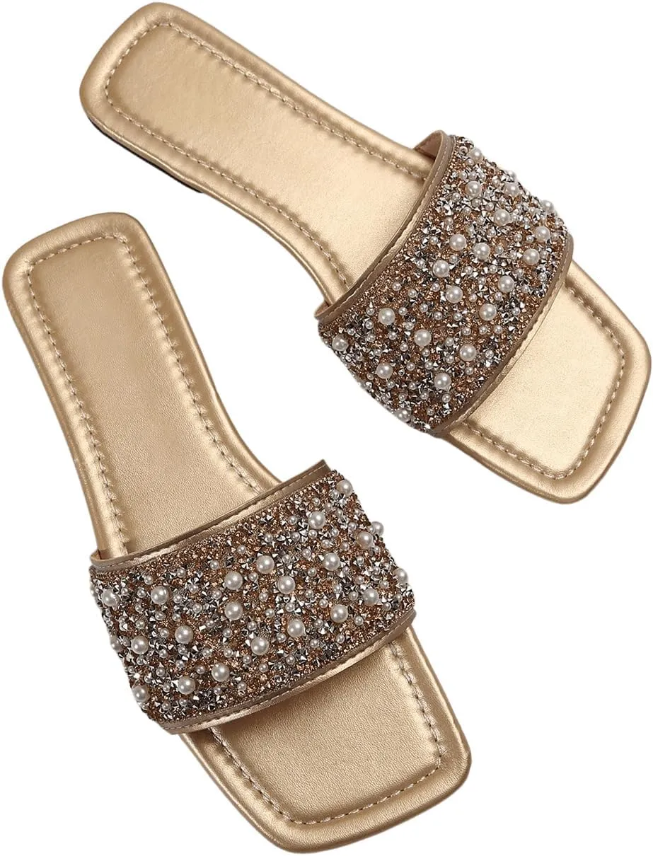 GORGLITTER Women's Sparkly Pearl Flat Sandals Rhinestone Open Toe Vacation Slide Sandals