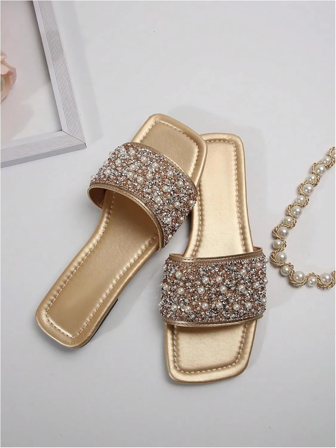 GORGLITTER Women's Sparkly Pearl Flat Sandals Rhinestone Open Toe Vacation Slide Sandals