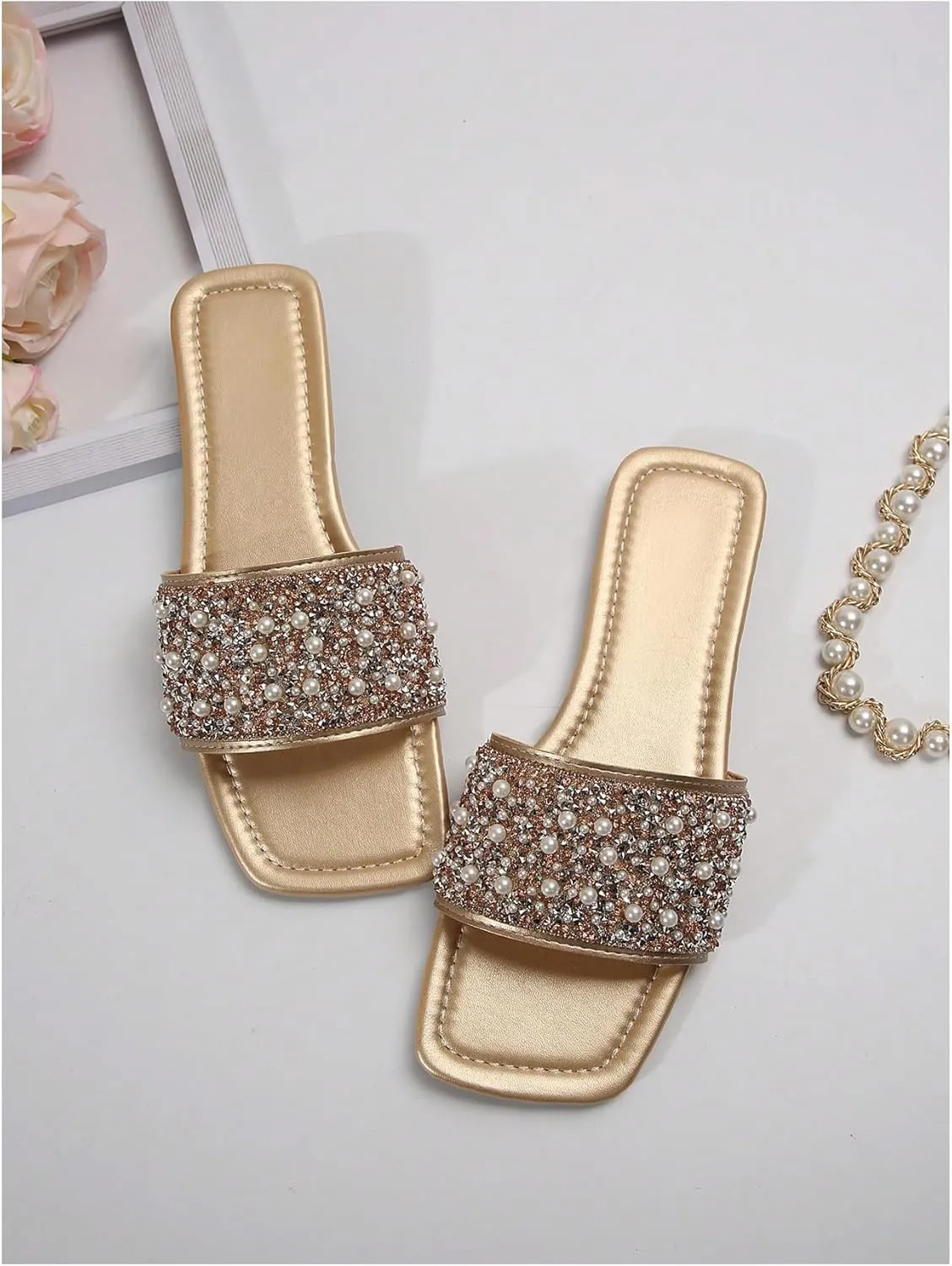 GORGLITTER Women's Sparkly Pearl Flat Sandals Rhinestone Open Toe Vacation Slide Sandals