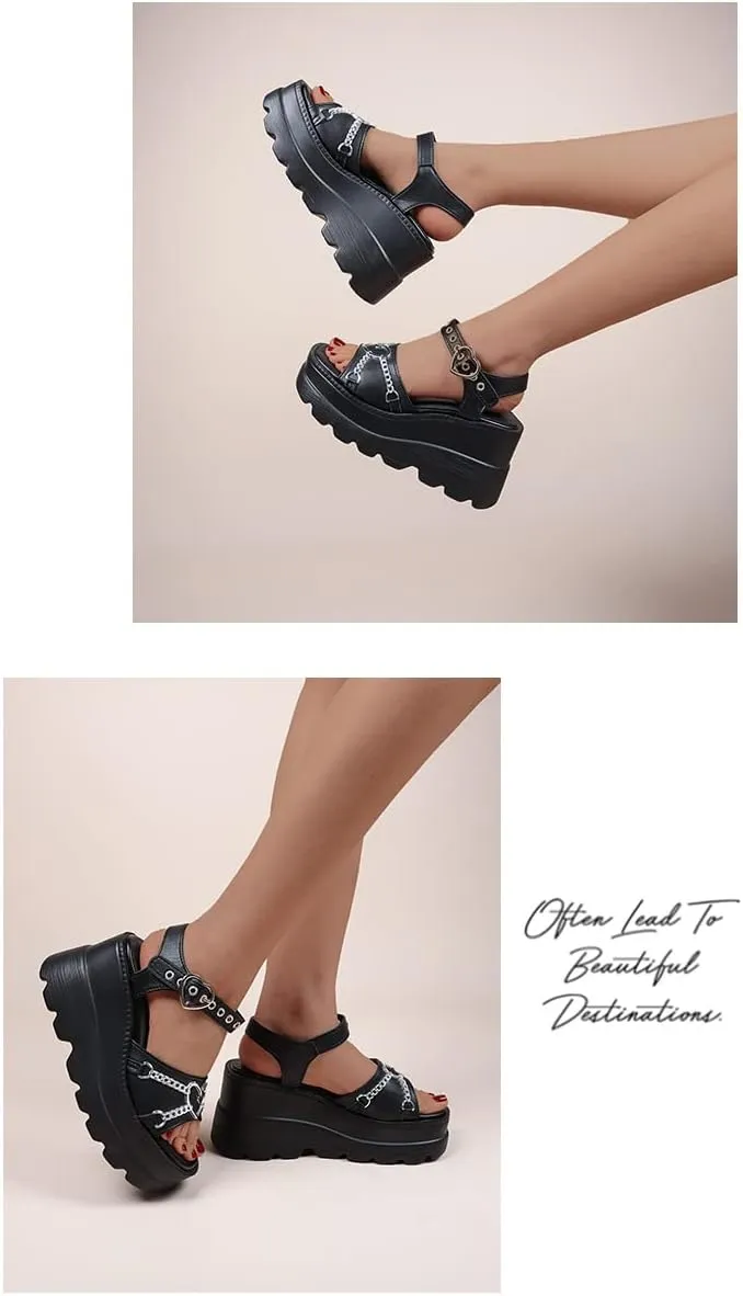 Gothniero women black platform sandals goth chunky wedge heel summer sandals girls gothic punk platform sandals for women metallic spider buckles slides size 5.5-11