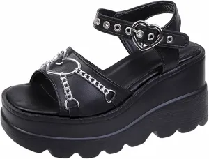 Gothniero women black platform sandals goth chunky wedge heel summer sandals girls gothic punk platform sandals for women metallic spider buckles slides size 5.5-11