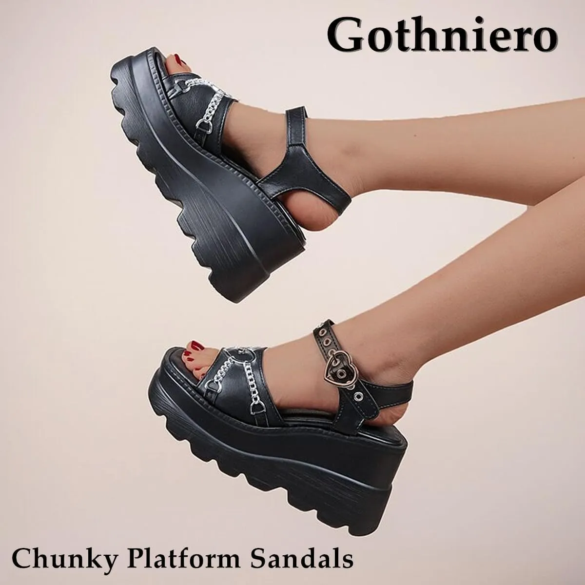 Gothniero women black platform sandals goth chunky wedge heel summer sandals girls gothic punk platform sandals for women metallic spider buckles slides size 5.5-11