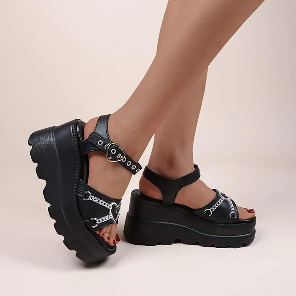 Gothniero women black platform sandals goth chunky wedge heel summer sandals girls gothic punk platform sandals for women metallic spider buckles slides size 5.5-11