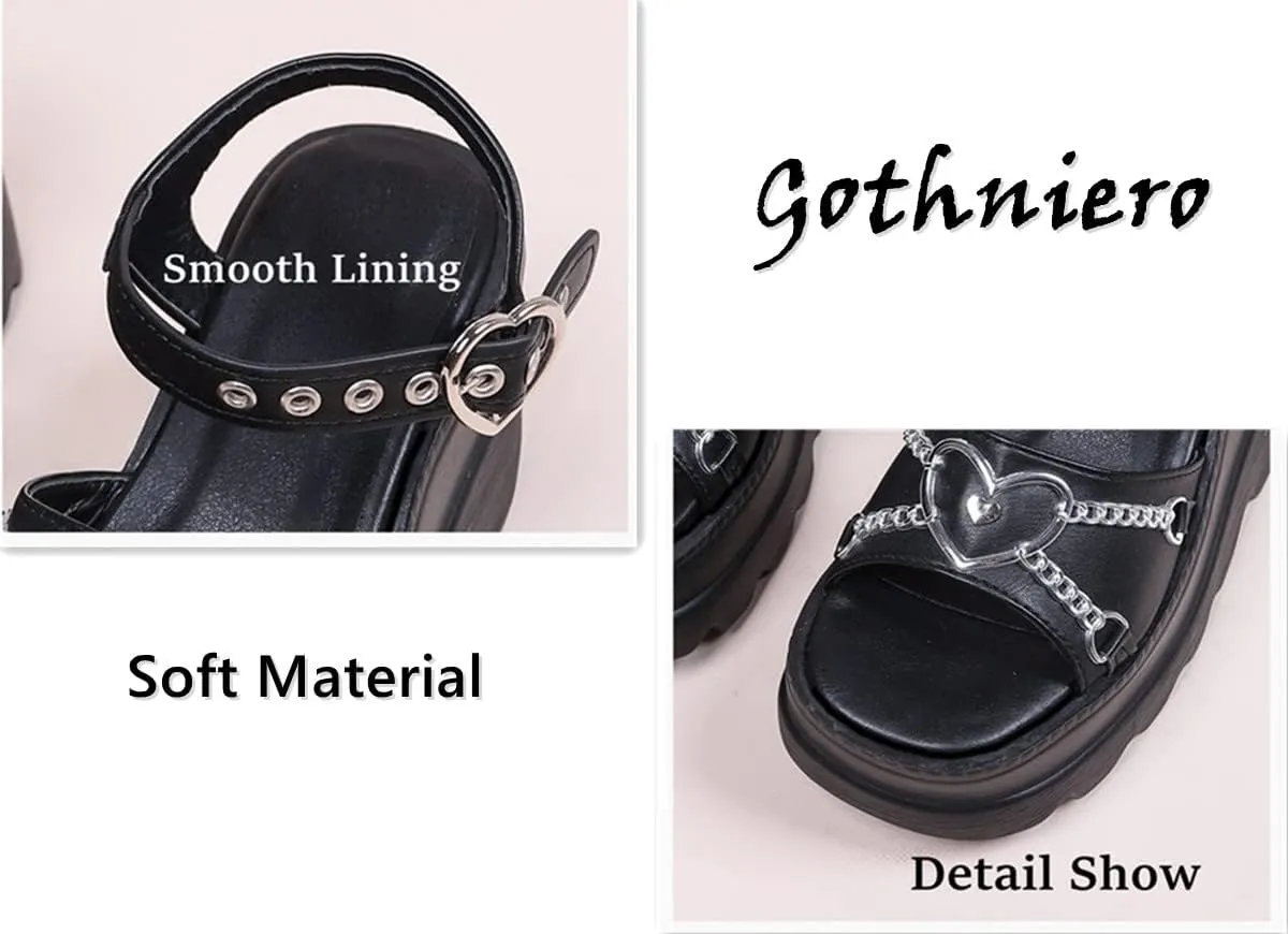 Gothniero women black platform sandals goth chunky wedge heel summer sandals girls gothic punk platform sandals for women metallic spider buckles slides size 5.5-11