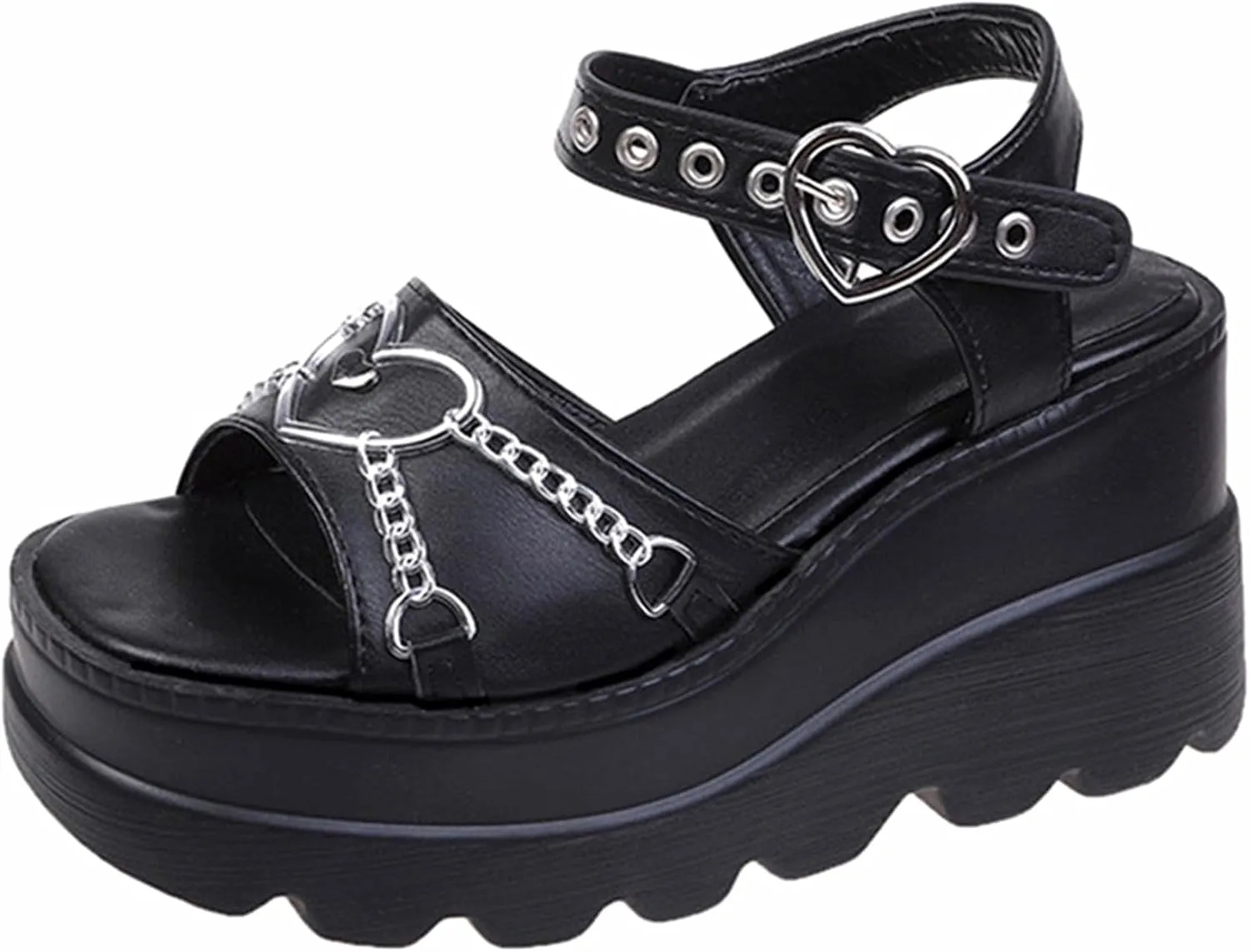 Gothniero women black platform sandals goth chunky wedge heel summer sandals girls gothic punk platform sandals for women metallic spider buckles slides size 5.5-11