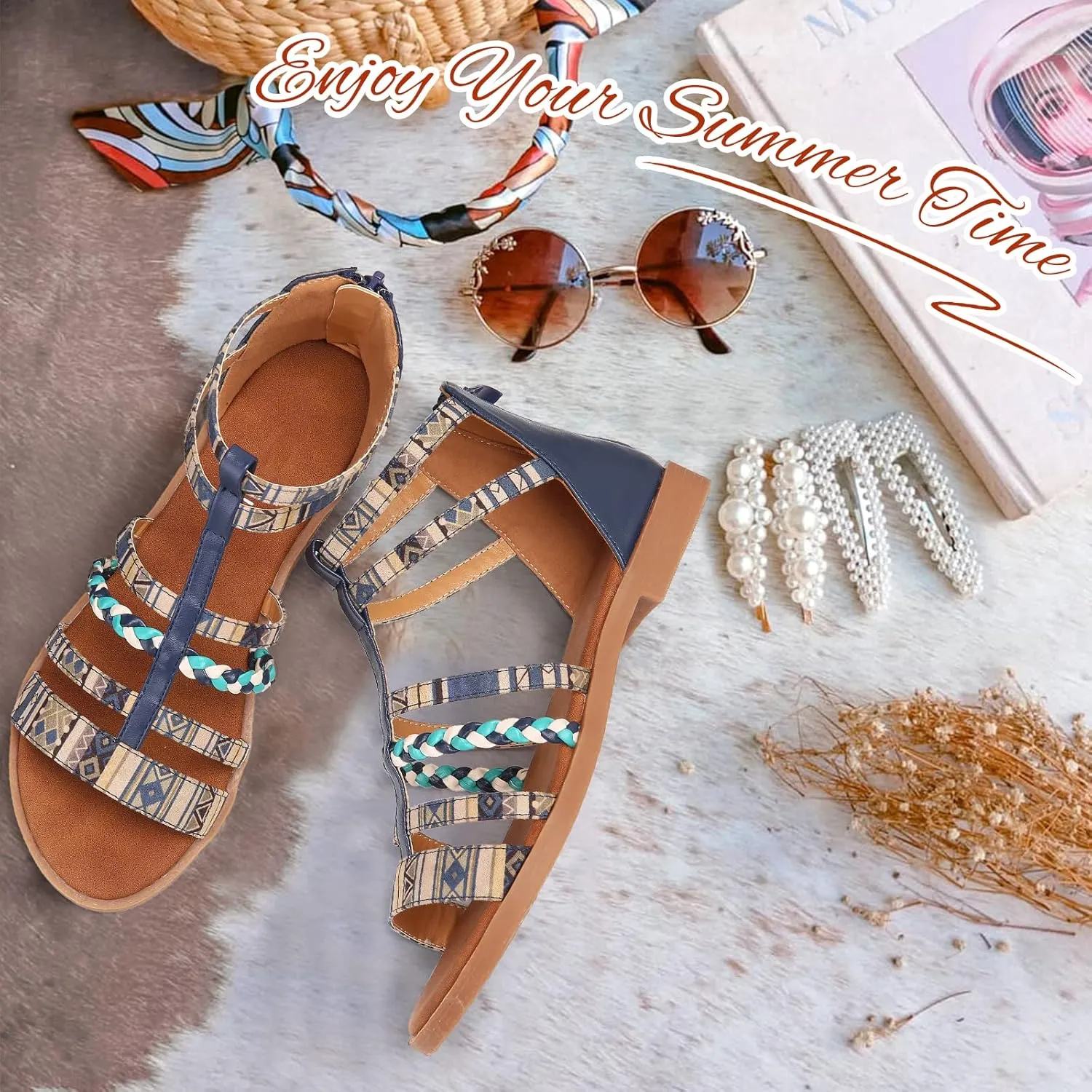 gracosy Flat Sandals for Women, Wedges Sandals Gladiator Summer Dress Sandals Ankle Slippers Woven Straps Shoes Flip Flop Thong