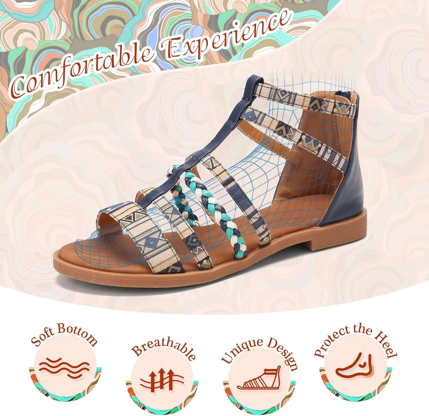 gracosy Flat Sandals for Women, Wedges Sandals Gladiator Summer Dress Sandals Ankle Slippers Woven Straps Shoes Flip Flop Thong